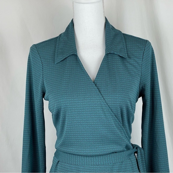 LOFT Teal & Black Wrap Dress With Fabric Belt - Picture 2 of 11